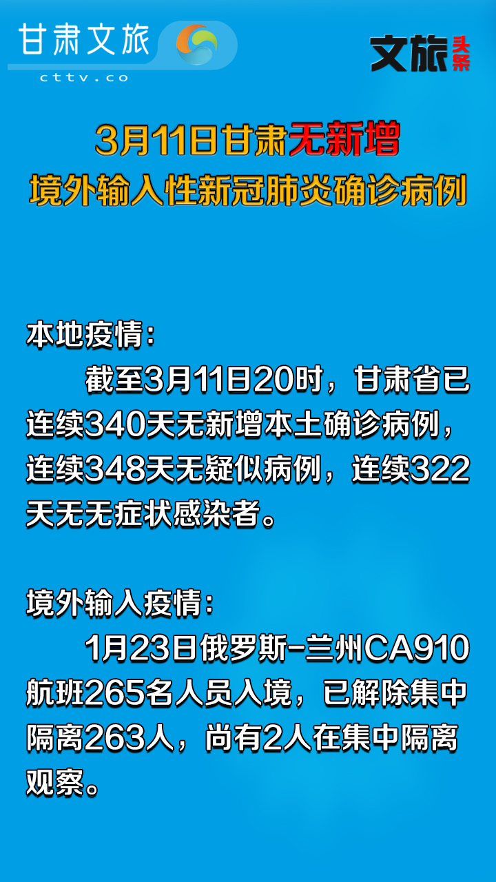 3月11日甘肃无新增境外输入性新冠肺炎确诊病例