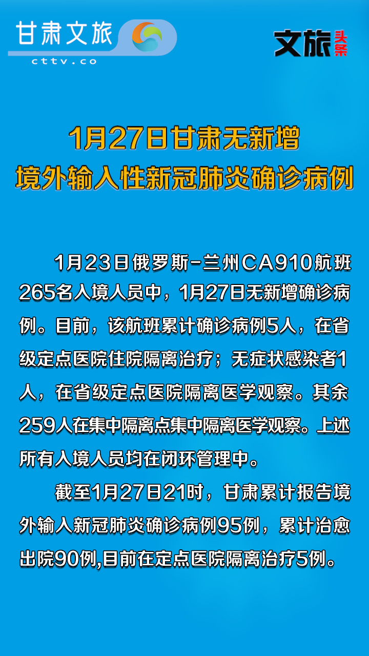 1月27日甘肃无新增境外输入性新冠肺炎确诊病例