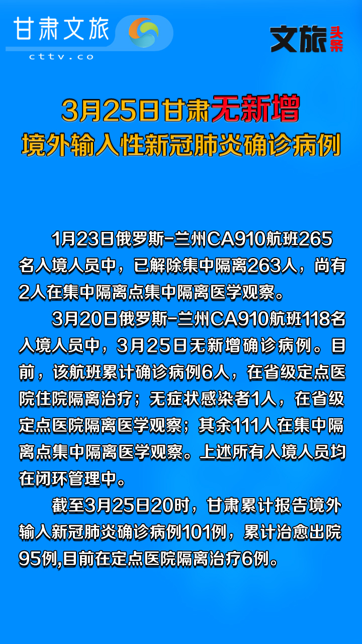 3月25日甘肃无新增境外输入性新冠肺炎确诊病例